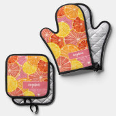 Citrus Pattern - Aangepaste naam - Roze Sinaasappe Ovenwant & Pannenlap Set (Voorkant / Achterkant)
