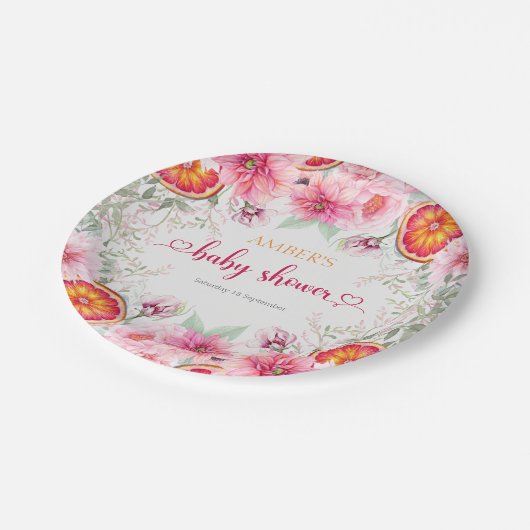 Citrus & Roze Aquarel Bloemen Baby Shower Papieren Bordje (Gekanteld)