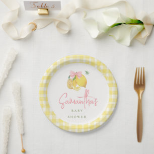 Citrus Roze strik gele geruite papieren bord