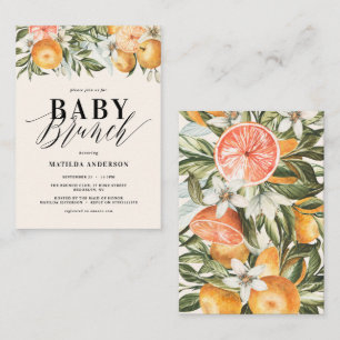 Citrus, sinaasappel + bloesem baby brunch party notitiekaartje