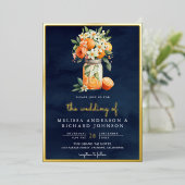 Citrus Sinaasappel Marine Blauw Mason Jar Bruiloft Folie Uitnodiging (Staand Voorkant)