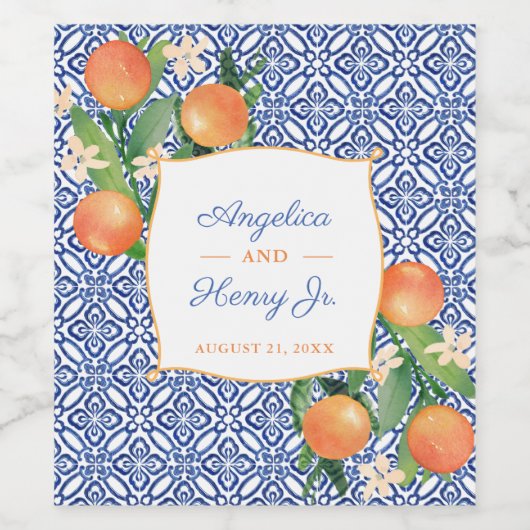 Citrus Sinaasappels Amalfi Blue Tegels bruiloft di Wijn Etiket (Enkel label)