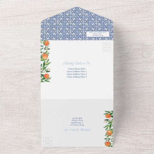 Citrus Sinaasappels Antiek Blauwe Tegels Wedding A All In One Uitnodiging (Buitenkant)