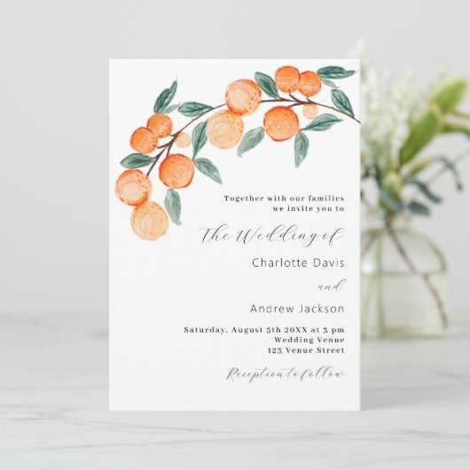 Citrus sinaasappels aquarel modern script bruiloft kaart (Staand voorkant)