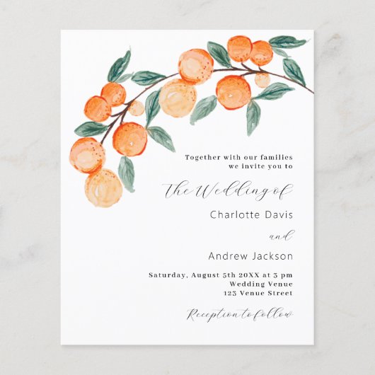 Citrus sinaasappels script budget bruiloft uitnodi (Voorkant)