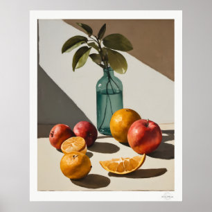Citrus Stilleven met glazen fles Poster