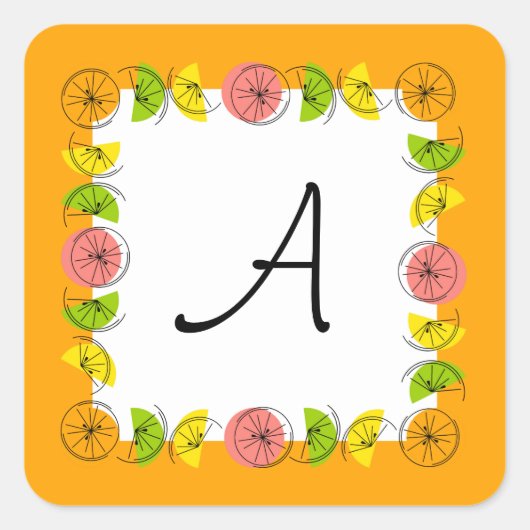 Citrus Vierkante Sinaasappel Monogram sticker vier (Voorkant)