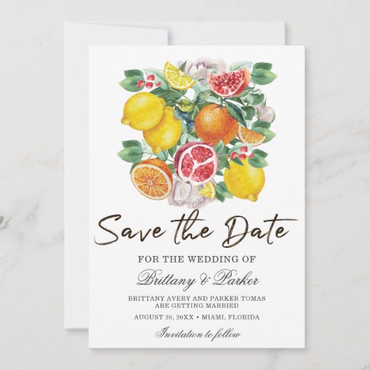 Citrus Waterverf botanische bruiloft foto Save The Date (Voorkant)