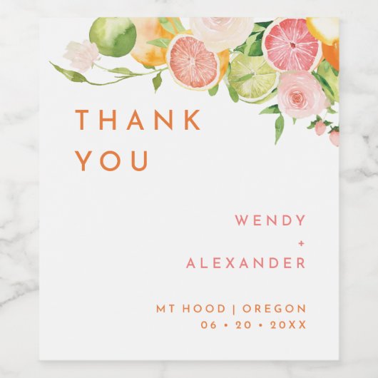 Citrus Waterverf bruiloft dank u Wijn Etiket (Enkel label)