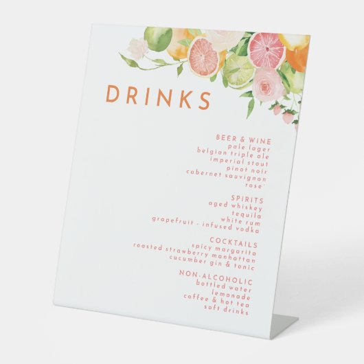 Citrus Waterverf Bruiloft Drinken Menu Reclamebord Met Voetstuk (Voorkant)