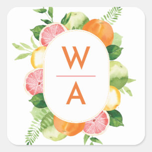 Citrus Waterverf Monogram Crest Envelop Afdichting Vierkante Sticker