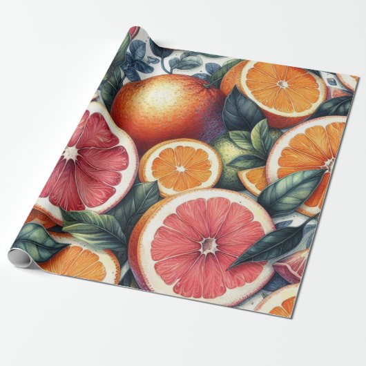 Citrus Waterverf Sinaasappel Fruit Botanische Zome Cadeaupapier (Uitgerold)