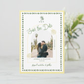 Citrus Yellow Coastal Palm Tree Seashell Wedding Save The Date (Staand voorkant)