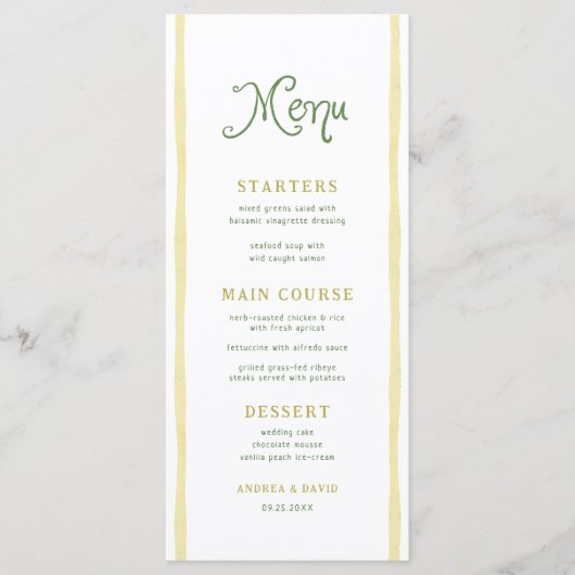 Citrus Yellow Stripe Coastal Beach Summer Wedding Menu (Voorkant)