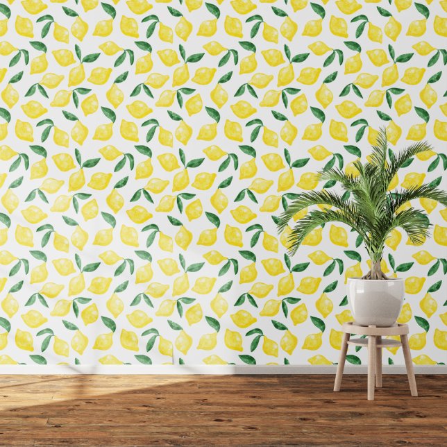 Citruscitroen Mediterraan Geel Wit Waterverf Behang (Citrus lemon watercolor art wallpaper)