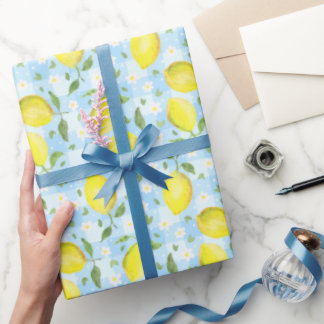 Citrussen en Madeliefjes Blauwe Plaid Cadeaupapier