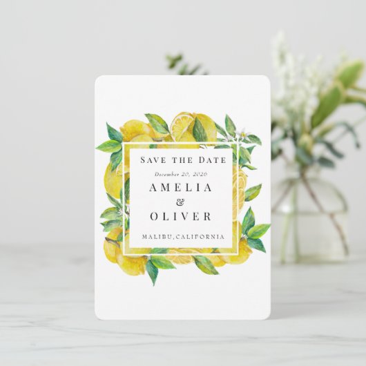 citrusvruchten | Elegante bruiloft Save the Date Kaart (Staand voorkant)