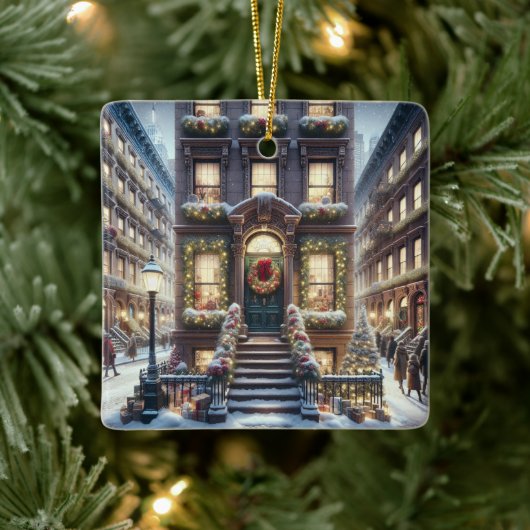 City Brownstone tijdens de kerstdagen Keramisch Ornament (Boom)