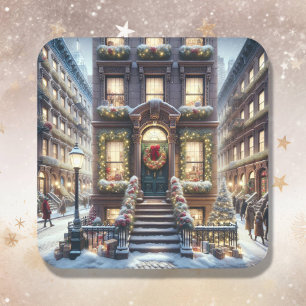 City Brownstone tijdens de kerstdagen Vierkante Sticker