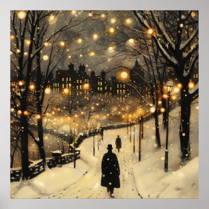 City Lights Winter Mannen in zwart op stoep Poster
