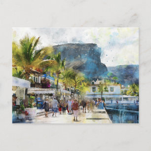 Cityscape Puerto de Morgan op Gran Canaria. Verf. Briefkaart