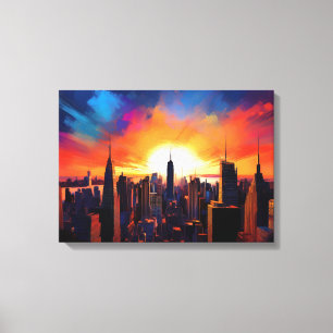 Cityscape Silhouette bij zonsondergang Canvas Afdruk