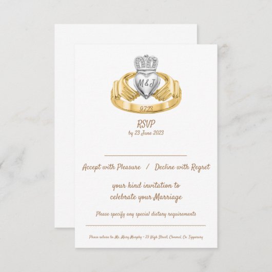 Claddagh Ring Mariage RSVP avec Initiales et Date (Devant / Derrière)