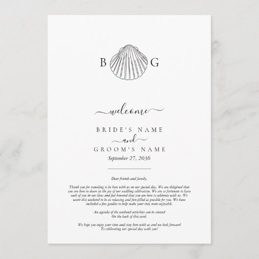 Clam Seashell Monogram Bruiloft Route Programma (Voorkant)