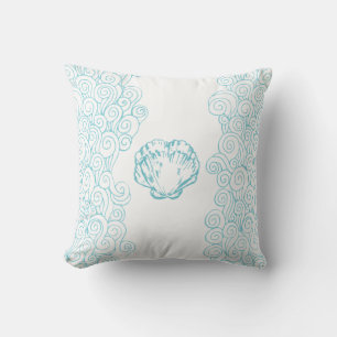 Clam shell en zee wervelt aqua blauw wit kussen