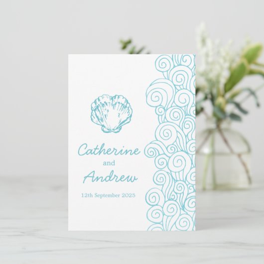 Clam shell zee werveling blauw strand bruiloft uit kaart (Staand voorkant)