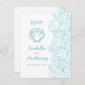 Clam shell & zwrils blue & white art bruiloft RSVP (Voorkant / Achterkant)