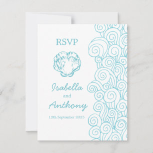 Clam shell & zwrils blue & white art bruiloft RSVP Kaartje