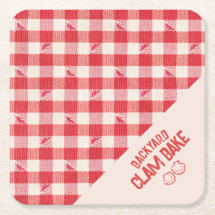 Clambake Casual Seafood Feest Gingham Strepen Vierkante Kartonnen Onderzetter