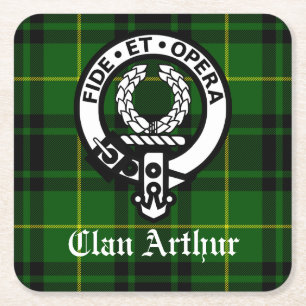 Clan Arthur Crest Badge & Tartan Vierkante Kartonnen Onderzetter