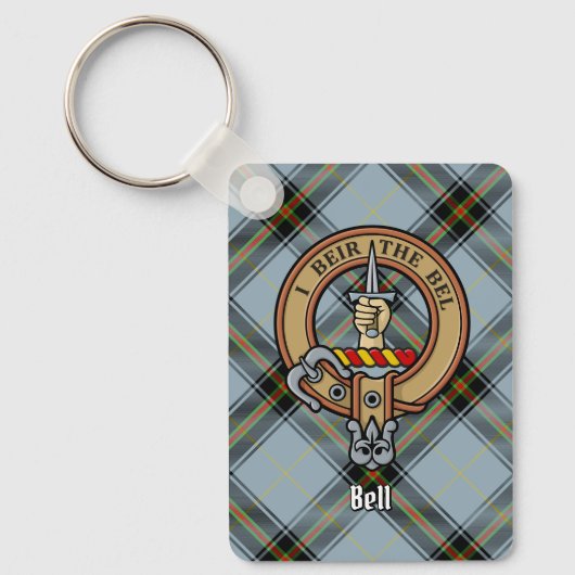 Clan Bell Crest boven Tartan Sleutelhanger (Voorkant)