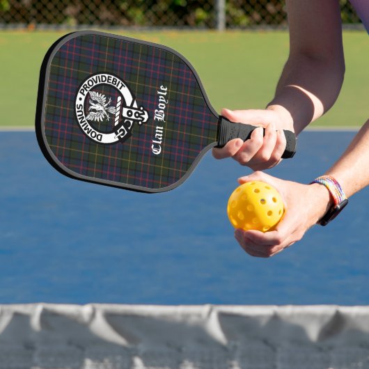 Clan Boyle Crest Badge & Tartan Pickleball Paddle (Insitu)