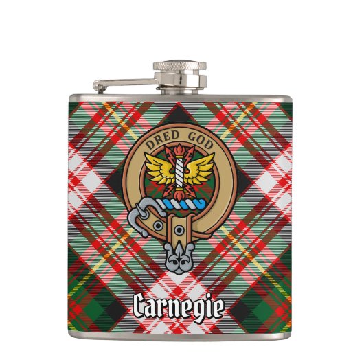 Clan Carnegie Crest over Jurk Tartan Heupfles (Voorkant)