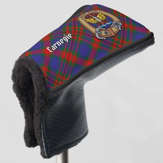 Clan Carnegie Crest over Tartan Golfheadcover (3/4 voorkant)