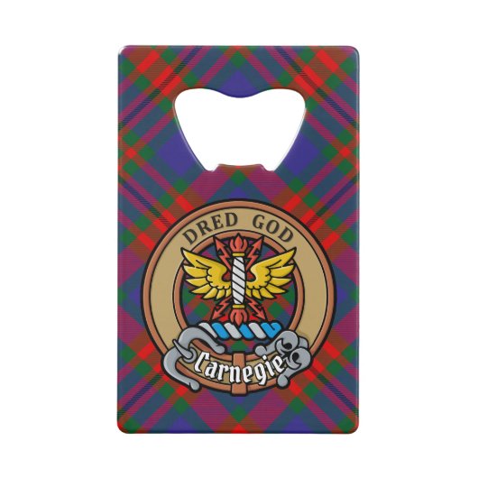 Clan Carnegie Crest over Tartan Kredietkaart Flessenopener (Voorkant)