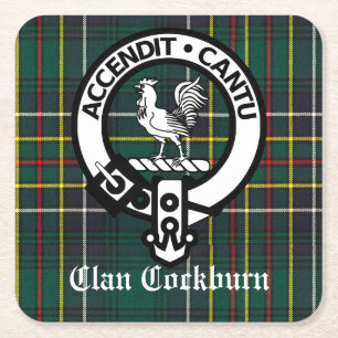 Clan Cockburn Wapenschild en Tartan Vierkante Kartonnen Onderzetter