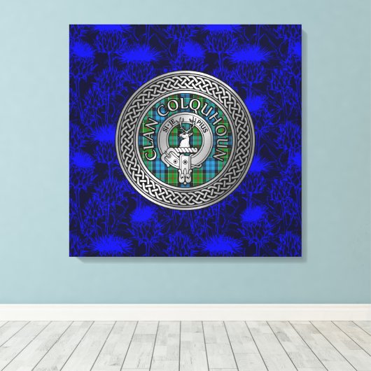 Clan Colquhoun Crest & Tartan Knot op Thistle Canvas Afdruk (Insitu (Houten vloer))