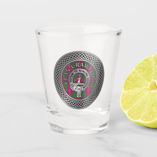Clan Crawford Crest & Tartan Knot Shot Glas (Voorkant)