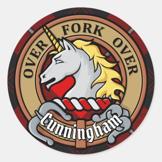 Clan Cunningham Crest over Tartan Ronde Sticker (Voorkant)