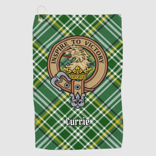 Clan Currie Lion Crest over Tartan Golfhanddoek (Voorkant)