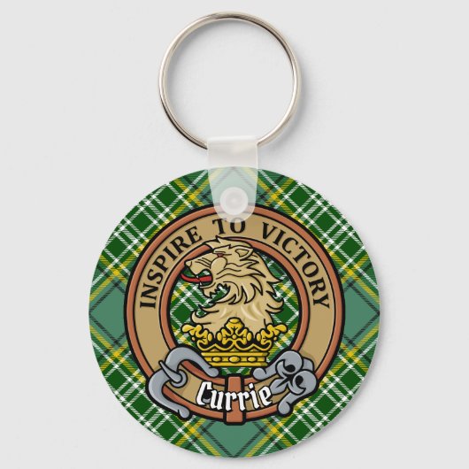 Clan Currie Lion Crest over Tartan Sleutelhanger (Voorkant)