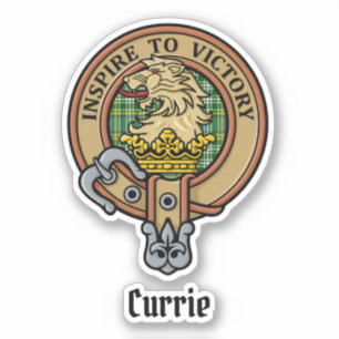 Clan Currie Lion Crest over Tartan Sticker