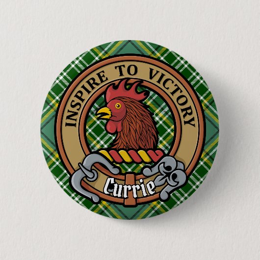Clan Currie Rooster Crest over Tartan Ronde Button 5,7 Cm (Voorkant)