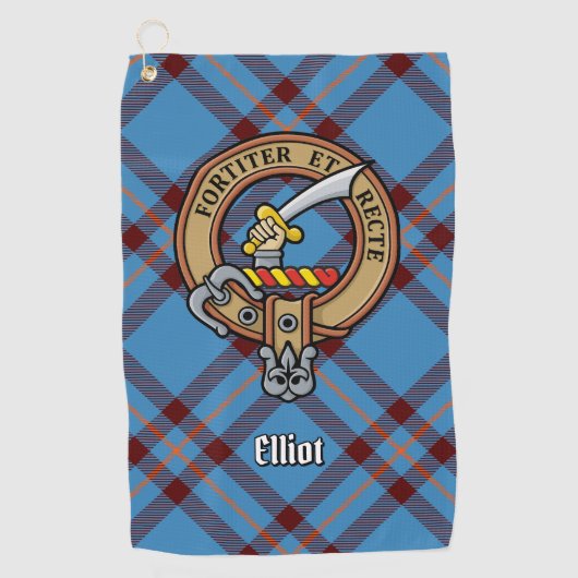Clan Elliot Crest over oude Tartan Golf Handdoek (Voorkant)
