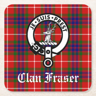 Clan Fraser Crest Badge en Tartan Vierkante Kartonnen Onderzetter