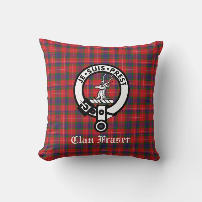 Clan Fraser Crest Badge & Tartan Kussen (Voorkant)